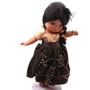 Vintage Handcrafted Mexico Folk Doll with Braided Hair & Embroidered Skirt - Col